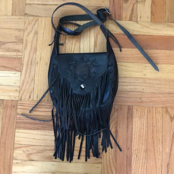 Black leather satchel with fringe - Picture 1 of 2